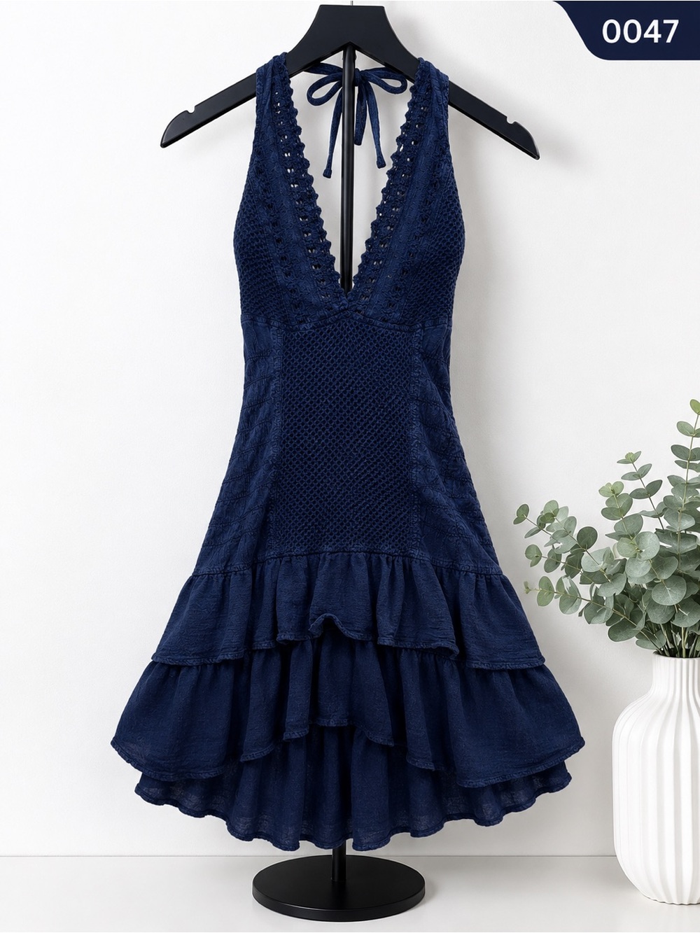 Navy Halter Ruffle Mini Dress